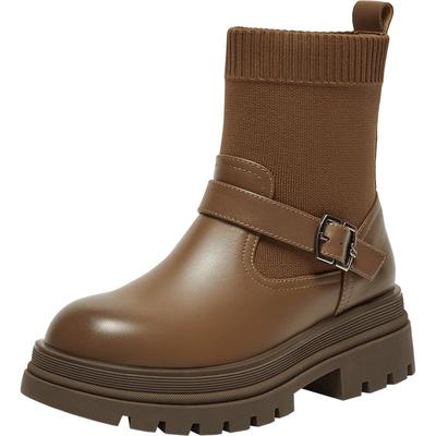 Bata瘦瘦靴女冬商场新款牛皮英伦风粗跟袜靴弹力短靴UJH04DZ4