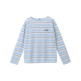 PCMY条纹大领口长袖T恤女2026春夏宽松百搭慵懒风一字肩罩衫上衣