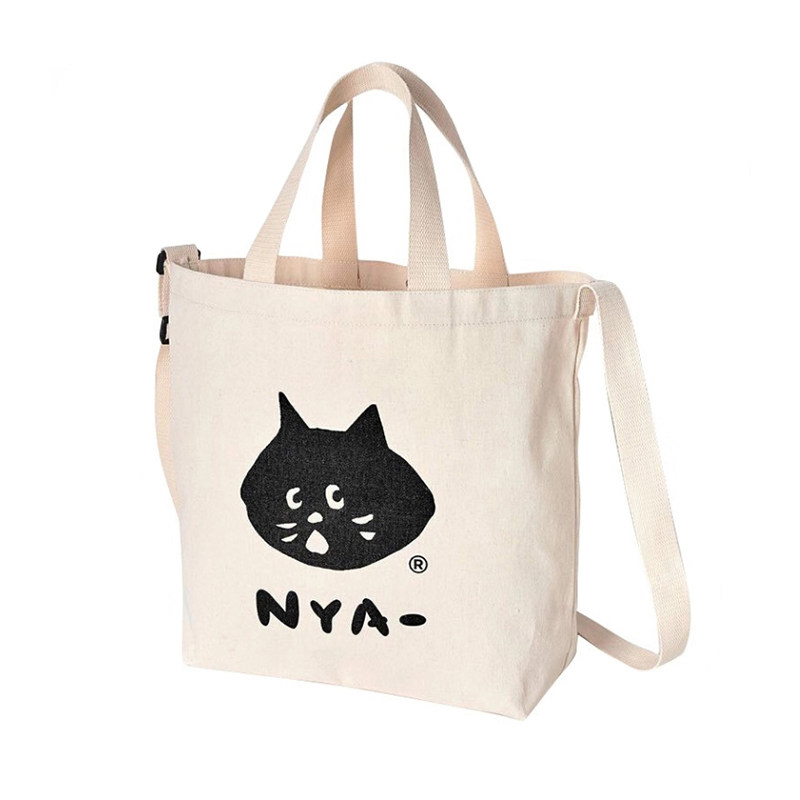 Nenet NYA 日本杂志 潮牌百搭米白惊讶猫咪帆布 斜挎单肩手提包