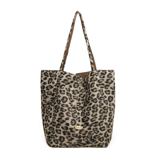 韩系休闲毛绒豹纹托特包慵懒风字母尼龙单肩腋下包双面背购物袋潮