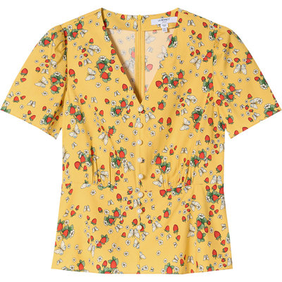 LK BENNETT黄色印花上衣2025年夏新款v领短袖法式泡泡袖优雅衬衫