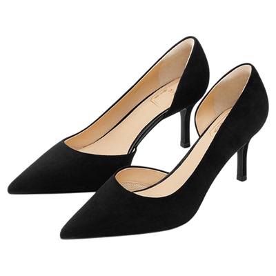 7or9黑色高跟鞋侧空通勤单鞋