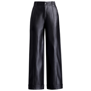 高腰直筒裤女款皮裤2025新款长裤宽松显瘦小个子裤子秋冬皮阔腿裤