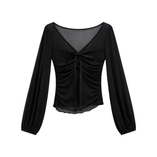 板栗西西【梵音仙境2】早春黑色雪纺衫上衣女白色蕾丝半身裙套装