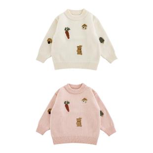 幼悠女童小兔绣花圆领毛2025衣冬季罗纹织边蓬松绵软保暖抗寒上衣