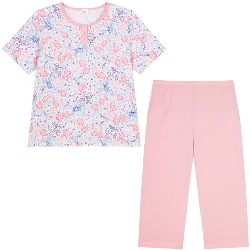 銅牛汗布印花半開襟半袖女套2025春夏新款睡衣家居服套裝女VJ130