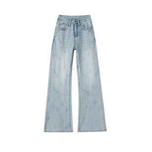 浅色微喇牛仔裤女春秋2025新款烫钻高腰显瘦今年流行遮跨喇叭裤子