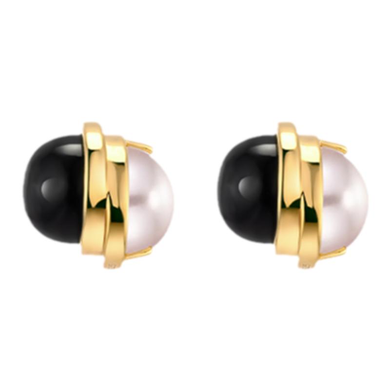24新品CIRCLE珠宝错位系列天然黑玛瑙珍珠耳环黑白双面耳钉耳饰女