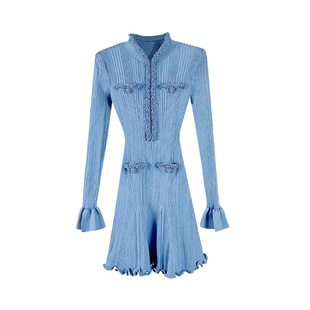 蓝色 重工V领领口钉珠气质修身显瘦长袖木耳边下摆短款连衣裙