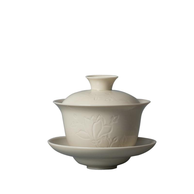 煮雪定瓷全手玉兰三才盖碗珍品