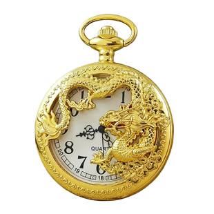 新款中国龙金色怀表复古男款学生女生肖纪念翻盖镂空石英表机械