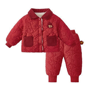 [保暖锁温]宝宝棉服套装冬款儿童中国风红色拜年服婴幼儿上衣裤子