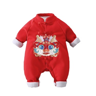 婴儿衣服秋冬新款薄棉满月服抓周礼服宝宝连体衣夹棉红色过年喜庆