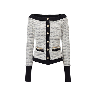 灰黑一字肩小香风修身针织衫