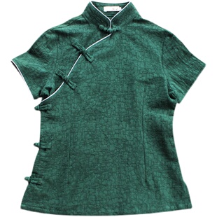 玉想悠然中国风女装茶人服传统偏襟盘扣修身大码夏季旗袍短袖上衣