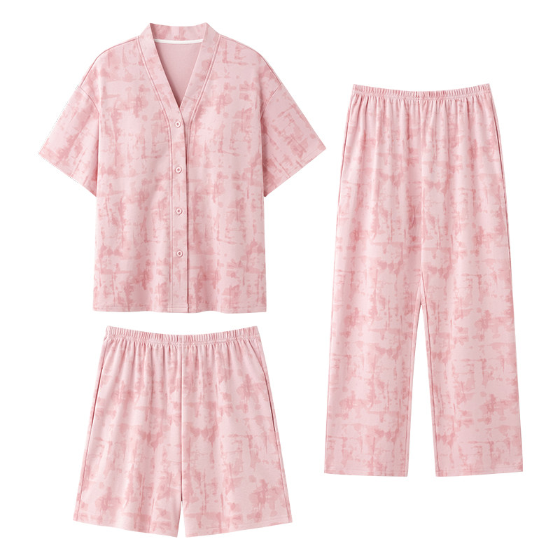 和服v领带胸垫睡衣女夏季纯棉短袖三件套防凸点家居服短袖可外穿