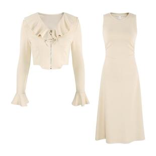 韩语琳 法式杏色披肩连衣裙套装女两件套2025春季新款穿搭一整套