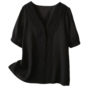 大码胖MM法式复古黑色V领短袖修身上衣女夏季2026新款设计感衬衫