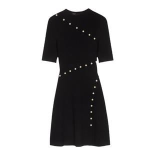 Maje秋冬女装黑色纽扣装饰开叉设计圆领修身显瘦短款针织连衣裙