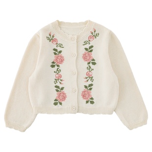幼悠女童春秋新款纯棉玫瑰花毛衣开衫亲肤透气儿童时尚可爱薄外套
