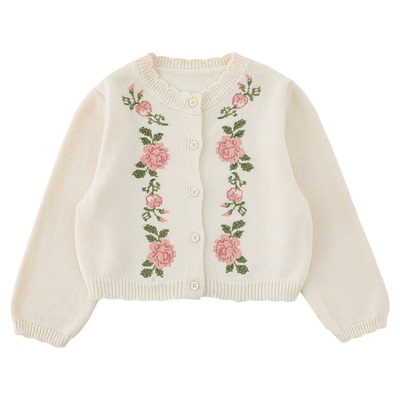 幼悠女童春秋新款纯棉玫瑰花毛衣开衫童装儿童时尚可爱薄外套春装