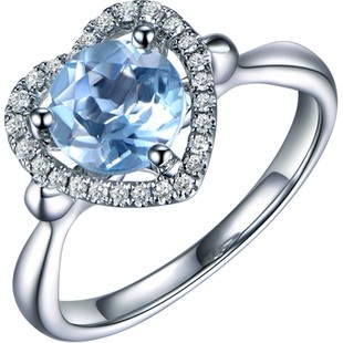 米莱珠宝 海蓝宝戒指女 18k金镶嵌钻石天蓝心形彩宝女戒 个性定制