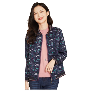 葵牌秋棒球领运动涂鸦拉链外套上衣中老年女士妈妈装飞行员夹克