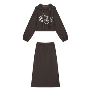 妖精的口袋原创印花卫衣半身裙两件套女2025冬季新款韩系一整套装