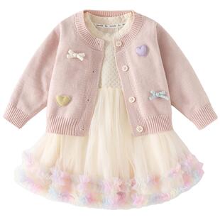 班喜迪女童连衣裙春装宝宝公主裙子针织开衫套装儿童网纱裙春秋季