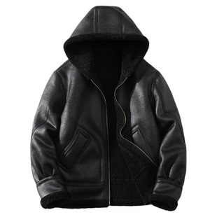 皮毛一体男士冬季连帽加绒加厚皮衣短款机车服皮袄男装羊羔毛外套