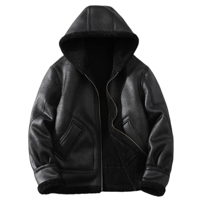 皮毛一体男士冬季连帽加绒皮衣