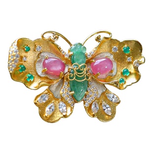 衣锦媚行原创设计新中式s925银镀金翡翠碧玺花丝五彩蝴蝶戒指女