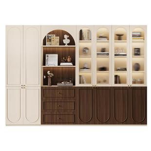 中古风书柜展示柜一体整墙家用法式复古风带玻璃门组合储物柜定制
