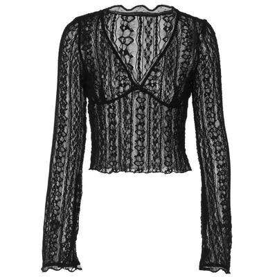 时尚V领花边蕾丝长袖上衣