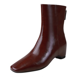 5cm法式复古方头坡跟灰色短靴高级感真皮2025小个子内增高及踝靴