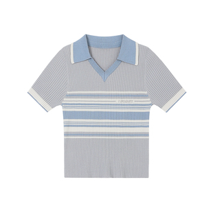FORNINES条纹polo领针织短袖T恤女辣妹短款显瘦修身夏季美式上衣