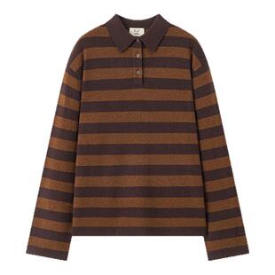JCLP金纯良品 100%山羊绒Polo领极简宽松撞色长袖条纹针织衫25新