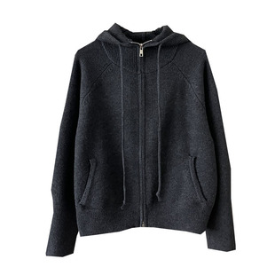 冬季连帽短款双拉链针织衫毛衣小个子插肩袖软糯厚实开衫外套女