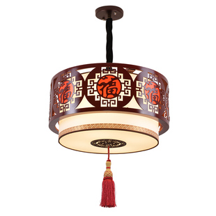 仿古圆形福字吊灯中式木艺书房阳台餐厅灯具茶楼包厢复古饭店灯饰