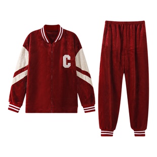 圆咖情侣睡衣男女秋冬款珊瑚绒加厚棒球服拉链家居服套装可外穿