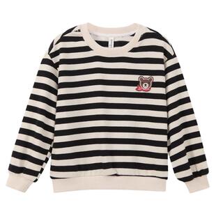 女童卫衣春秋条纹圆领儿童打底衫新款韩版加绒秋冬小女孩长袖上衣