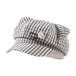 韩版格纹猫耳朵贝雷帽子女2026新款百搭八角帽大头围显脸小报童帽