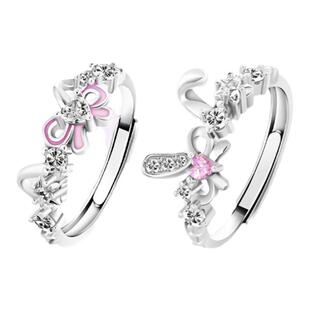 VIVIWELL萌心兔语 可爱猫咪兔子闺蜜对戒女新款925纯银二人戒指