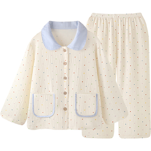 全棉纱布睡衣女款春秋新款小清新甜美简约宽松长袖长裤家居服套装