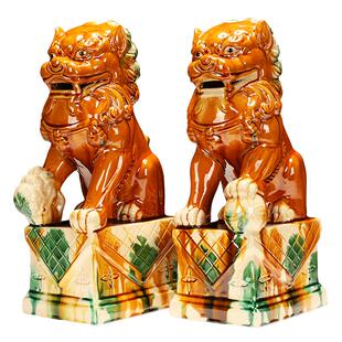 博艺萱 唐三彩陶瓷狮子摆件一对红色风水招财家居门口装饰品摆设