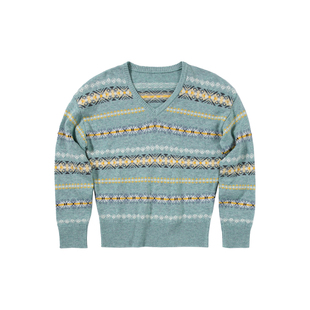 UNRETRO羊毛混纺/复古绿色宽松慵懒毛衫费尔岛提花内搭针织毛衣女