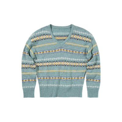 UNRETRO复古V领费尔岛提花毛衣