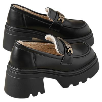 黑色加绒坡跟百搭乐福鞋