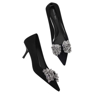 【Lily An x 贵气千金】尖头浅口蝴蝶结高跟鞋女磨砂真皮细跟单鞋