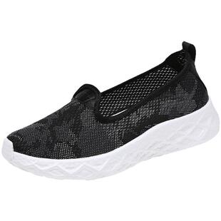 夏季透气妈妈鞋一脚蹬软底舒适黑色网面鞋女轻便薄款浅口镂空女鞋